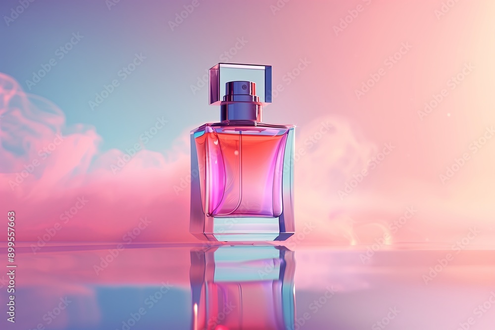 A perfume bottle mockup floating in mid-air against a soft, gradient background A perfume bottle mockup floating in mid-air against a soft, gradient background