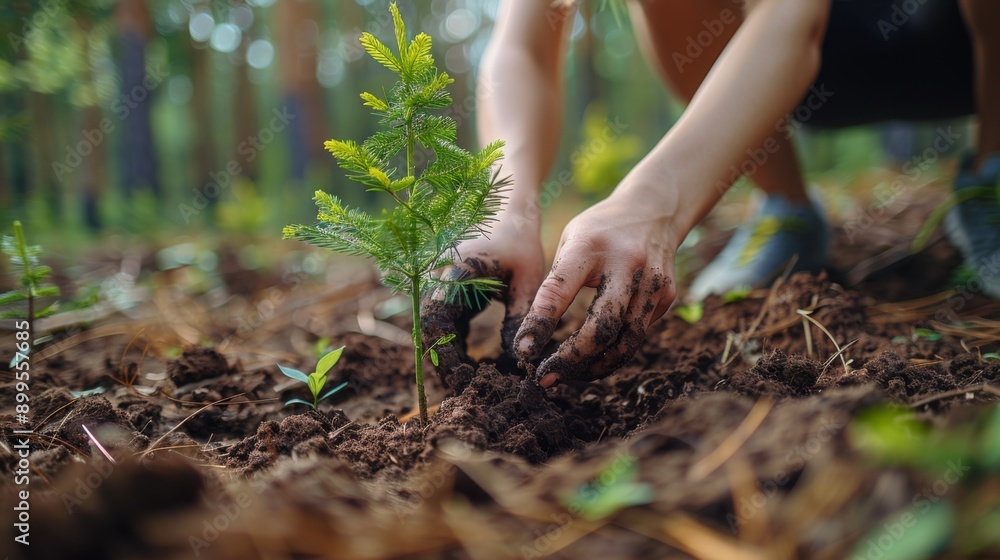 A volunteer planting trees in a deforested area, their hands covered in soil, contributing to the restoration of the ecosystem. A volunteer planting trees in a deforested area, their hands covered in soil, contributing to the restoration of the ecosystem.