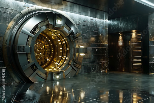 Massive bank vault doors wide open, symbolizing security, wealth, and access to valuable assets. The scene highlights the impressive structure and the importance of safeguarding financial resources.