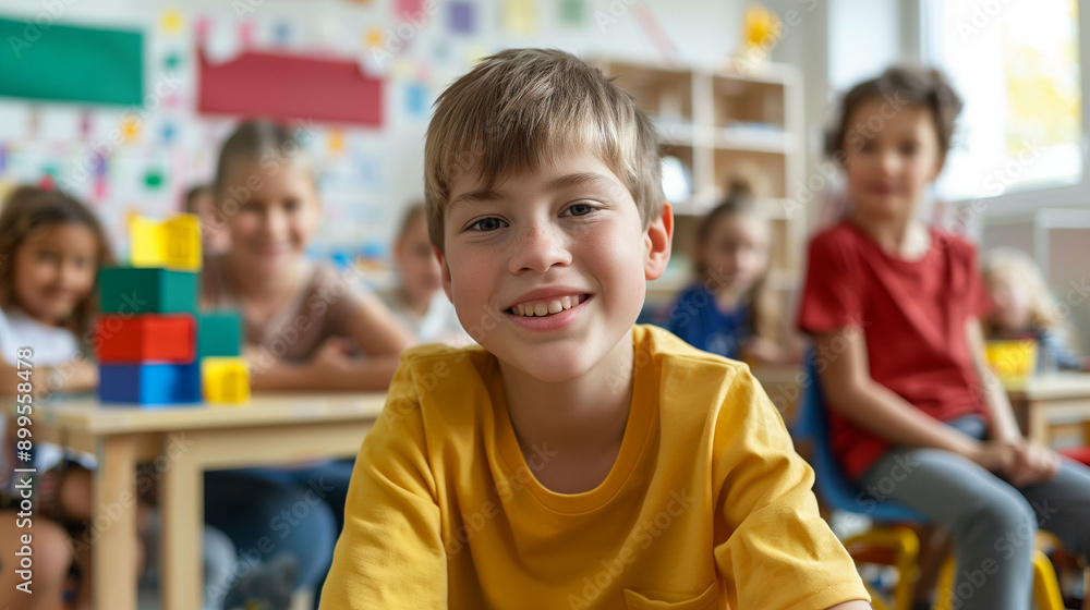 Smiling student with autism in elementary school classroom Smiling student with autism in elementary school classroom