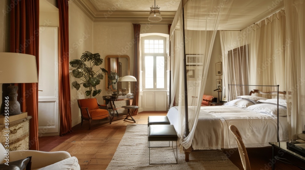 A bedroom with a canopy bed, sheer drapes, and a mix of modern and antique furniture A bedroom with a canopy bed, sheer drapes, and a mix of modern and antique furniture