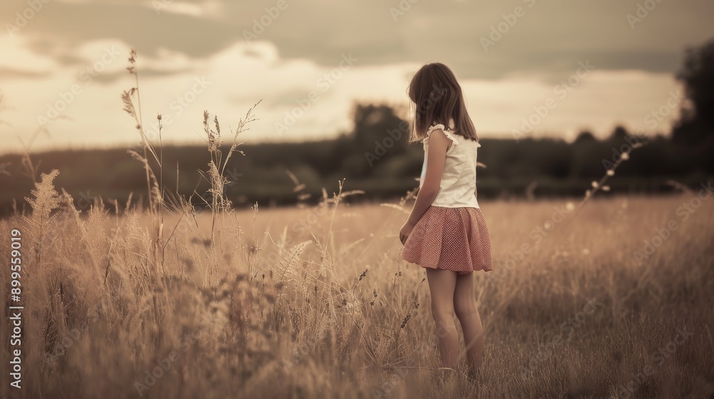 A young girl stands in a serene field of golden grass, immersed in the peaceful ambiance of a sunset. The soft light and tranquil setting evoke a sense of wonder and tranquility. A young girl stands in a serene field of golden grass, immersed in the peaceful ambiance of a sunset. The soft light and tranquil setting evoke a sense of wonder and tranquility.