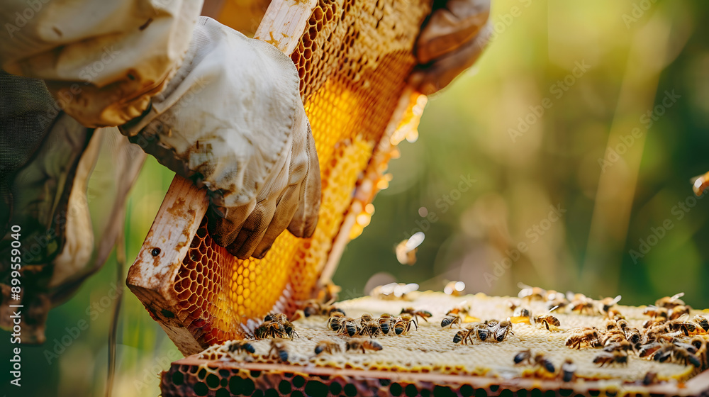 A beekeeper in protective gloves handling a honeycomb frame filled with bees in a natural outdoor setting, showcasing the beekeeping process. A beekeeper in protective gloves handling a honeycomb frame filled with bees in a natural outdoor setting, showcasing the beekeeping process.