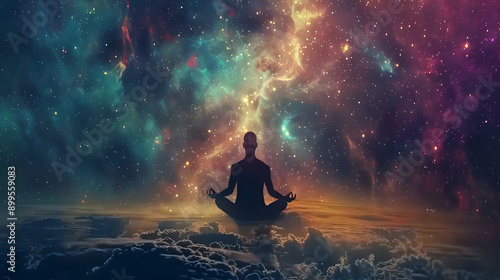 A silhouette of a person meditating in a vibrant, star-filled cosmic space, symbolizing inner peace, mindfulness, and a connection with the universe.