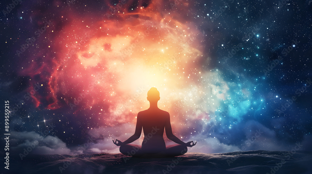 A silhouette of a person meditating with a radiant, star-filled cosmic background, representing peace, mindfulness, and a deep connection with the universe. A silhouette of a person meditating with a radiant, star-filled cosmic background, representing peace, mindfulness, and a deep connection with the universe.