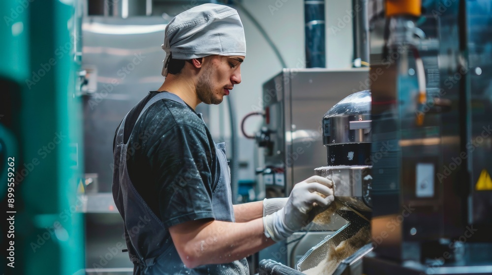 A factory worker loading raw ingredients into a machine for canning A factory worker loading raw ingredients into a machine for canning