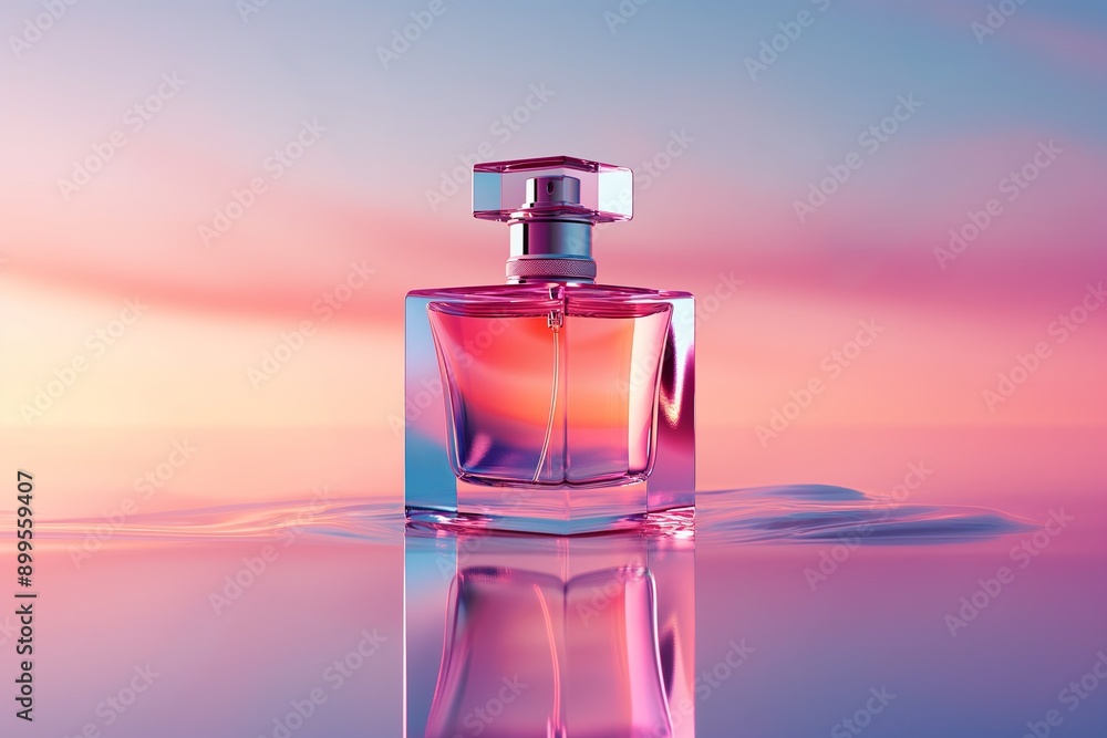 A perfume bottle mockup floating in mid-air against a soft, gradient background A perfume bottle mockup floating in mid-air against a soft, gradient background