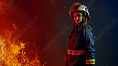 A young firefighter in full gear stands confidently against a backdrop of intense flames, showcasing bravery, resilience, and dedication to protecting others in dangerous situations, captured in a