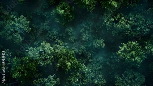 Aerial View of a Lush Dense Dark Temperate Forest with Deciduous Trees photo