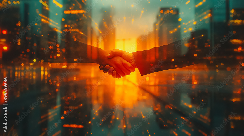 Obraz premium A handshake between two people in a city with a bright orange background