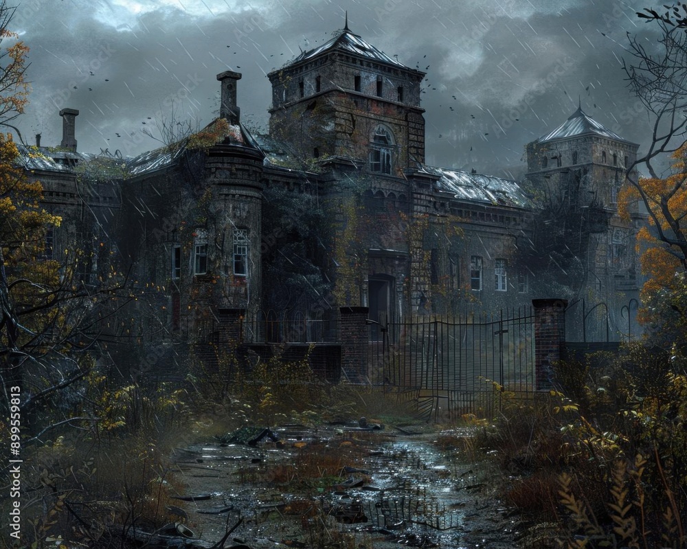 Obraz premium A gloomy, run-down mansion sits in the middle of a dense forest
