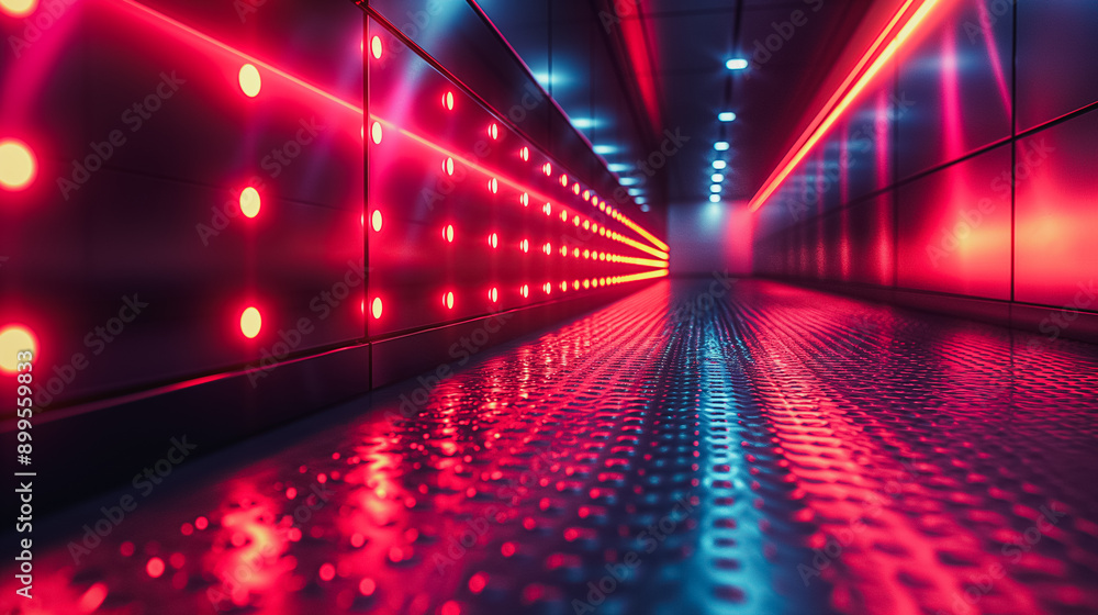 A long hallway with red lights on the walls A long hallway with red lights on the walls