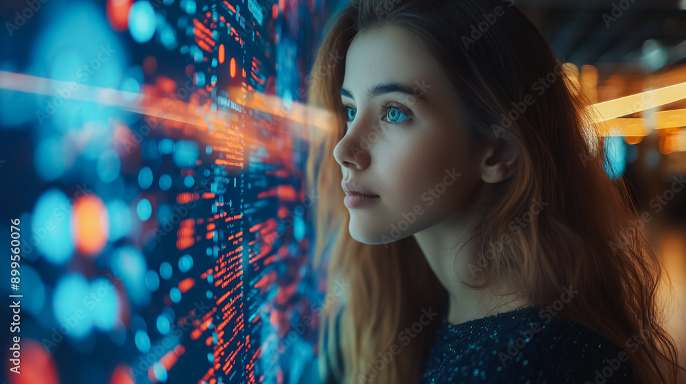 Concept of curiosity and wonder as the woman stares at the screen Concept of curiosity and wonder as the woman stares at the screen