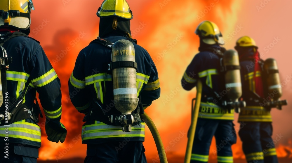 Firefighters in yellow helmets and protective gear battle a raging fire with thick smoke. The scene captures the intensity and urgency of the situation, showcasing the firefighters' dedication and Firefighters in yellow helmets and protective gear battle a raging fire with thick smoke. The scene captures the intensity and urgency of the situation, showcasing the firefighters' dedication and