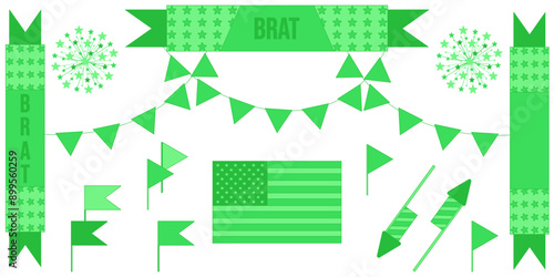 Set of holiday Ribbon template in trendy Brat style isolated white background. Green color Brat collection. Vector illustration can used icon sticker social media web design template. EPS 10 