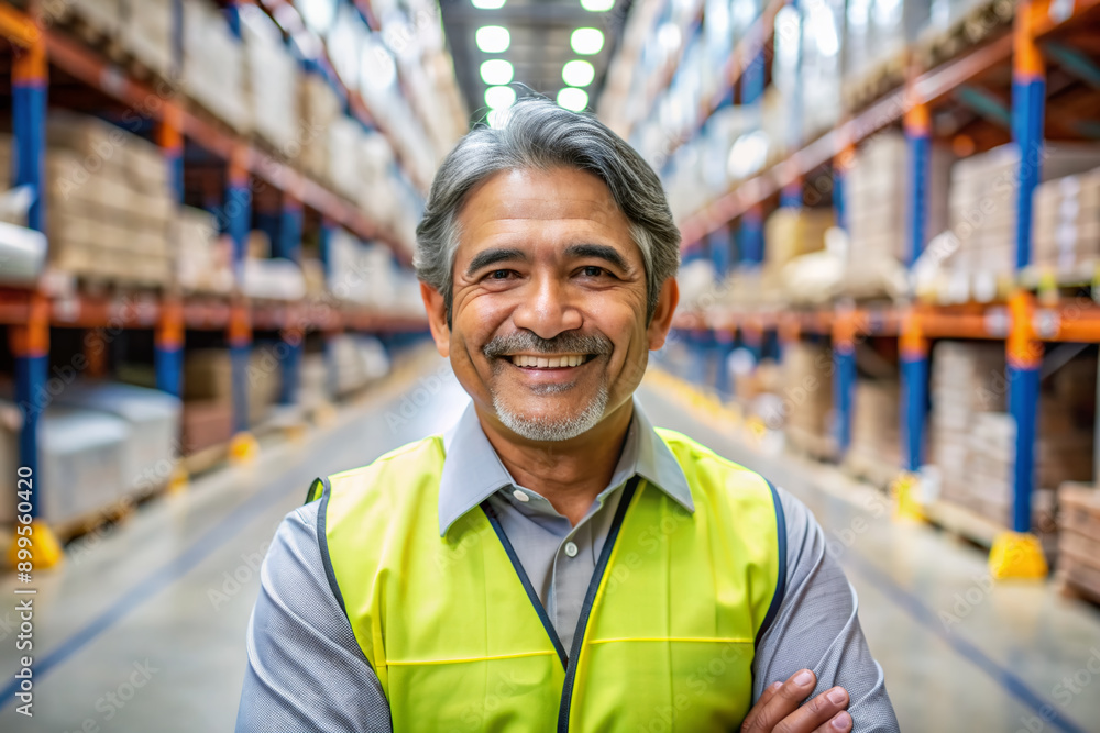 Smiling portrait of a happy middle aged mexican warehouse worker or manager working in a warehouse Smiling portrait of a happy middle aged mexican warehouse worker or manager working in a warehouse