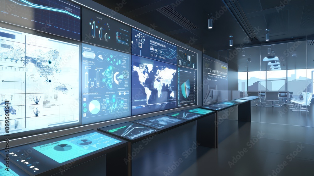 strategic planning room with a large digital touch screen displaying interactive maps and real-time data analytics strategic planning room with a large digital touch screen displaying interactive maps and real-time data analytics