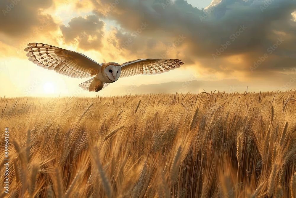 A majestic barn owl flying gracefully over a golden wheat field at dusk. A majestic barn owl flying gracefully over a golden wheat field at dusk.