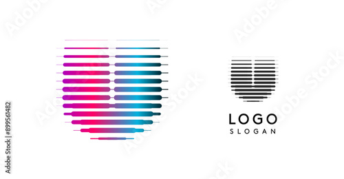 Abstract wide letter U, logo with horizontal gradient lines, dynamic gradient logotype for tech companies, software development, and innovative brands. Vector illustration.