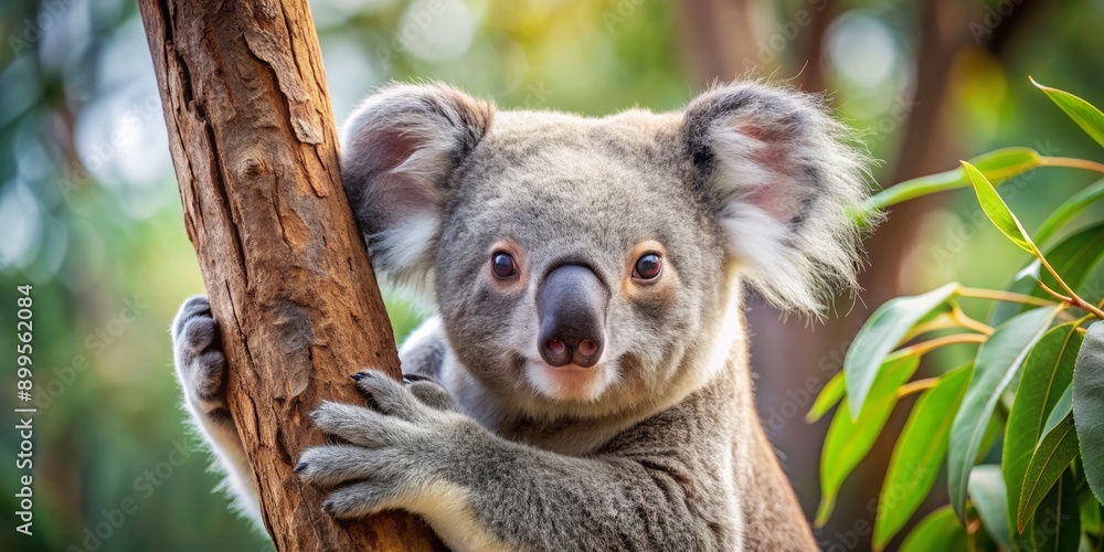 Adorable koala bear clings tightly to a sturdy eucalyptus tree branch, showcasing its cuddly nature, in a heartwarming scene set amidst the Australian wilderness. Adorable koala bear clings tightly to a sturdy eucalyptus tree branch, showcasing its cuddly nature, in a heartwarming scene set amidst the Australian wilderness.