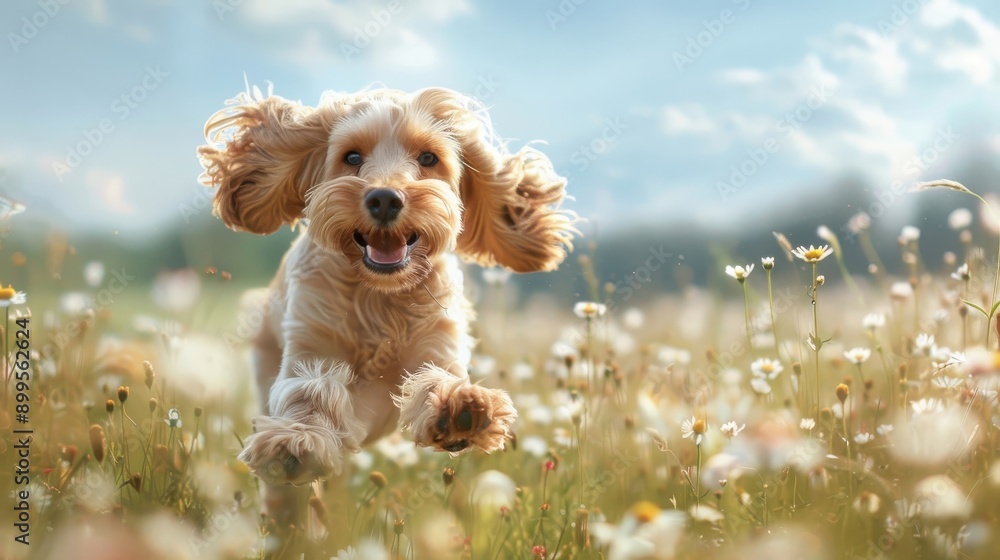 Joyful Cocker Spaniel running through a field of vibrant wildflowers under a clear blue sky, with its long ears flapping in the wind. Joyful Cocker Spaniel running through a field of vibrant wildflowers under a clear blue sky, with its long ears flapping in the wind.