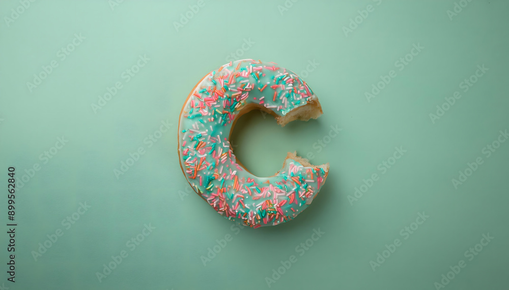 Frosted sprinkled donut in the shape of the letter C Frosted sprinkled donut in the shape of the letter C