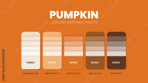 Color palette guide in Halloween Pumpkin colour theme collections. Colors inspiration or chart with codes template. Color combination RGB. Swatches for graphic design, art, fashion, website, painting.