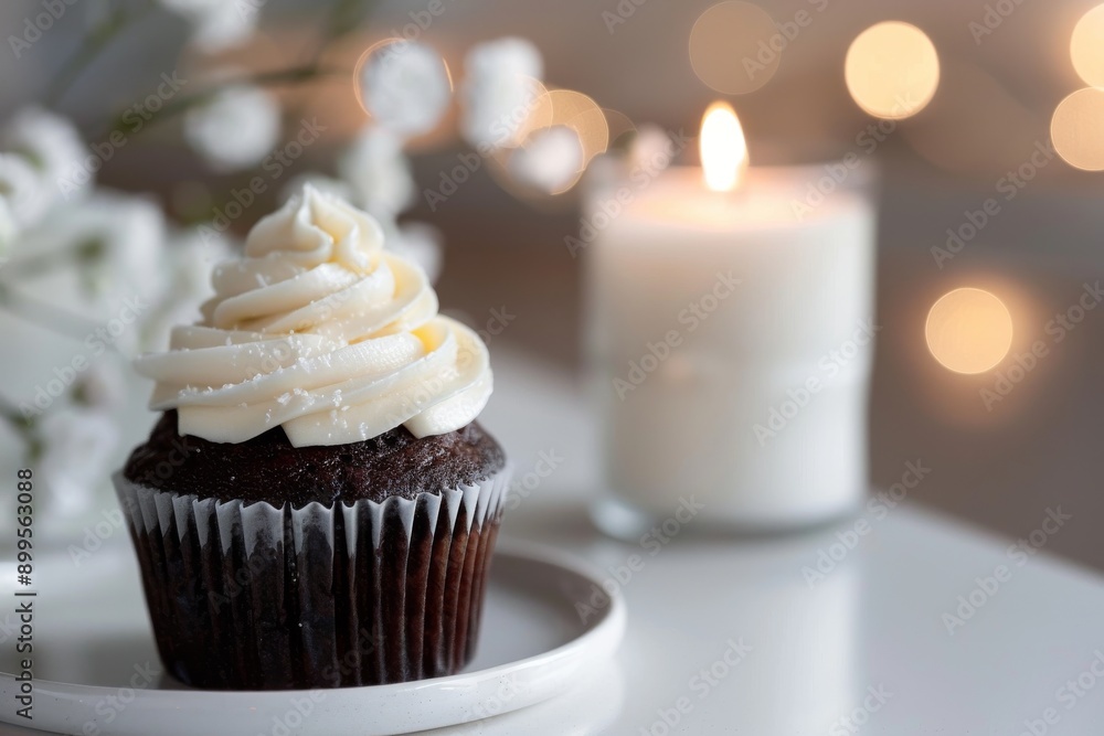 A whimsical chocolate cupcake with a candle A whimsical chocolate cupcake with a candle