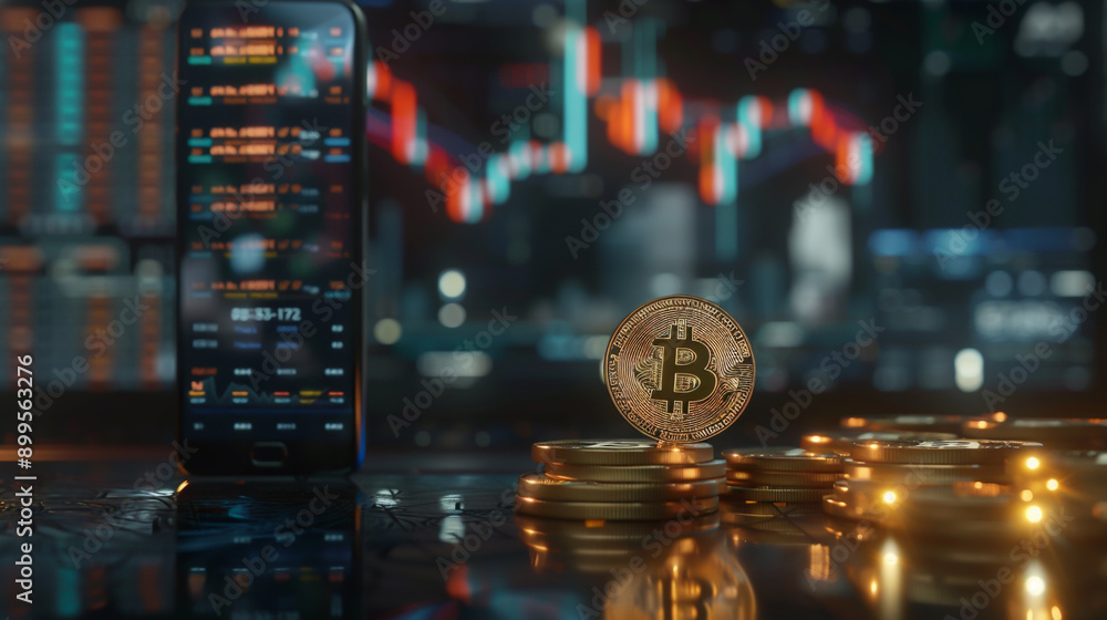Photo with virtual currency in the background of a rising graph on a smartphone. Generative AI Photo with virtual currency in the background of a rising graph on a smartphone. Generative AI
