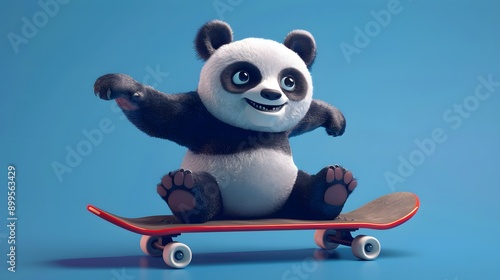 Cute Panda Play Skateboard Vector Icon Illustration 3D randering.  photo