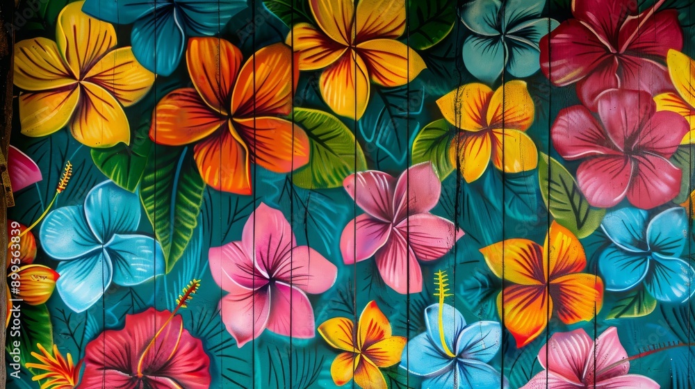 Vibrant Floral Graffiti on Wooden Boards Vibrant Floral Graffiti on Wooden Boards