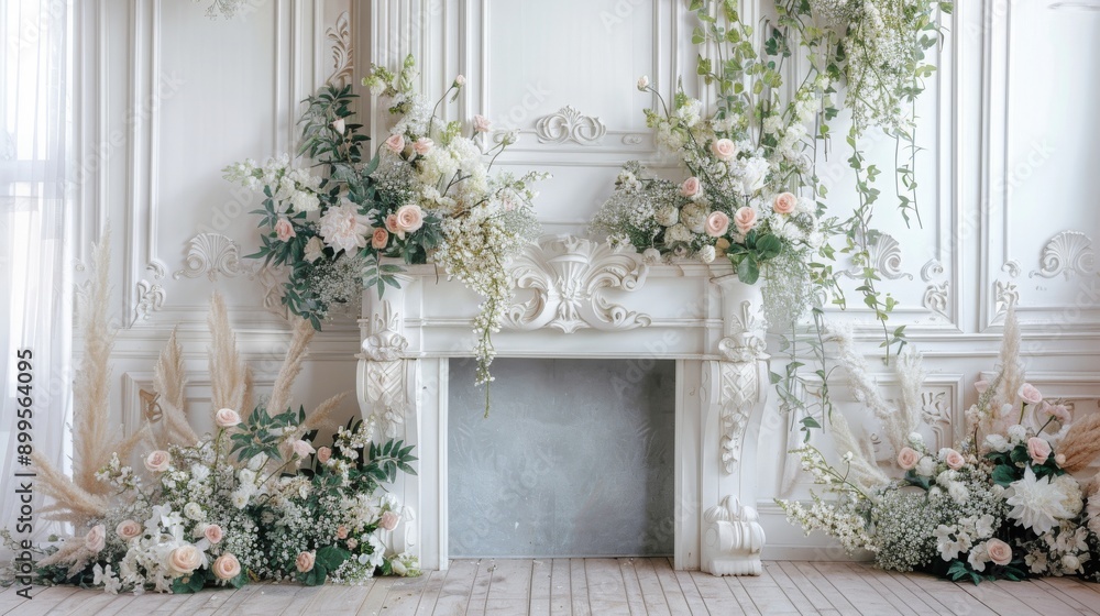 Elegant Fireplace Decorated with Flowers and Greenery Elegant Fireplace Decorated with Flowers and Greenery