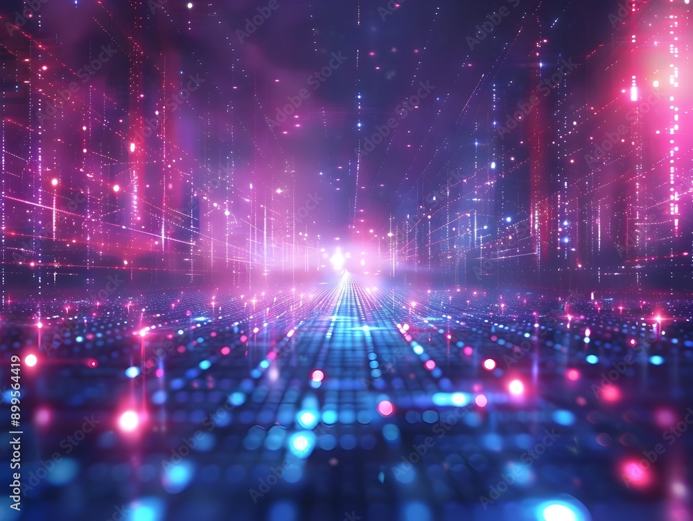 Fototapeta premium Immersive Futuristic Cyber Landscape with Neon Lights and Digital Grids Glowing High Tech Atmosphere