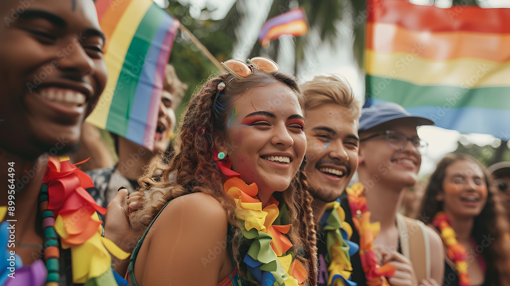 A diverse group of joyful people with rainbow accessories, smiling and celebrating together at a pride parade with colorful flags in the background. A diverse group of joyful people with rainbow accessories, smiling and celebrating together at a pride parade with colorful flags in the background.