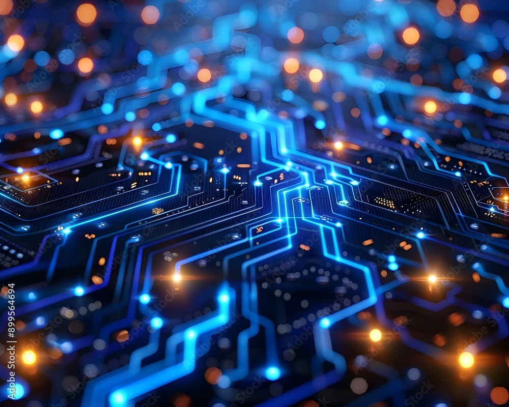 Fototapeta premium Intricate Cyber Circuit Board with Glowing Blue Lines and Nodes High Tech Digital Background