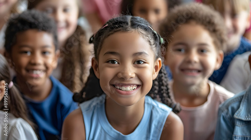 A group of smiling multicultural children in a classroom, showcasing their joy and friendship, ready for a day of learning and fun.