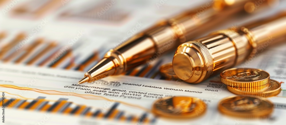 Luxurious Gold Pens and Coins on Financial Documents with Graphs and Charts