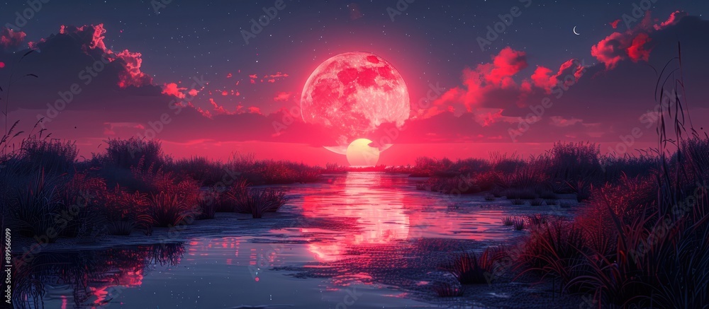 Red Moon Rising Over a Still Water Red Moon Rising Over a Still Water