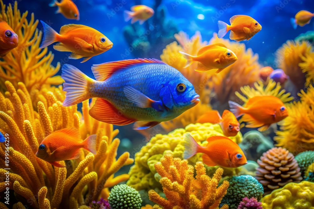 Obraz premium Vibrant orange and blue tropical fish with yellow fins swims amidst intricate coral formations and lush seaweed in a sunlit oceanic ecosystem.