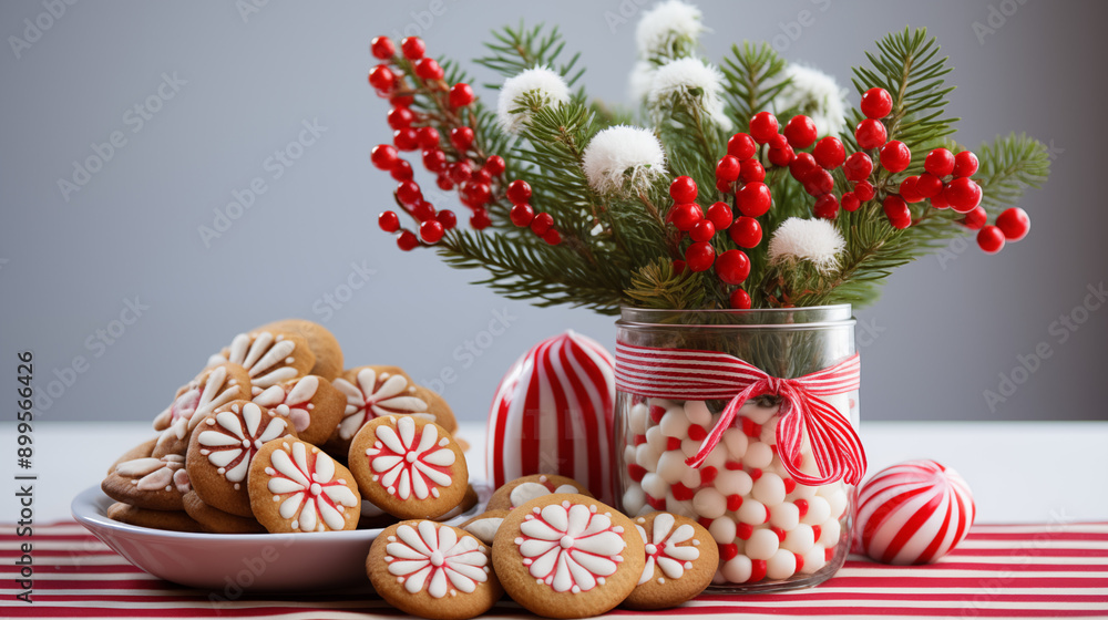 Peppermint Candy Christmas Arrangement with Gingerbread Cookies and Festive Red Berries in Glass Jar Peppermint Candy Christmas Arrangement with Gingerbread Cookies and Festive Red Berries in Glass Jar