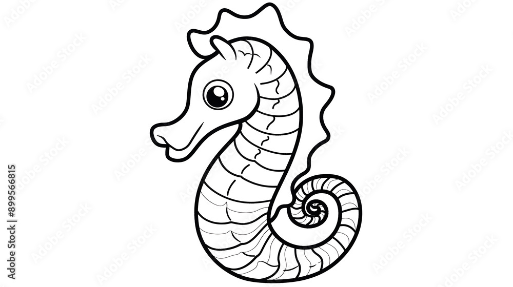 Fototapeta premium Adorable seahorse with big eyes and curly tail in a simple line art style, ideal for children's coloring activities.