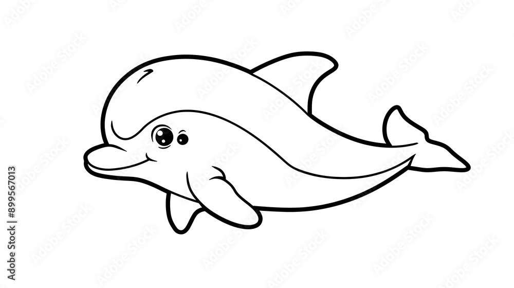 Obraz premium A simple and cute cartoon outline of a happy dolphin, ideal for coloring pages, children's activities, and educational materials about marine life.