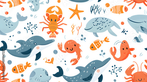 A seamless pattern featuring various cartoon sea creatures, including dolphins, crabs, fish, and starfish, in vibrant colors. Perfect for children's fabrics, wallpapers, and educational designs.