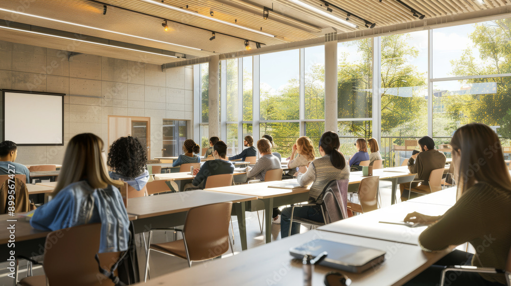 A spacious, well-lit classroom with students attentively engaged, facing the instructor, capturing the essence of modern, collaborative learning. A spacious, well-lit classroom with students attentively engaged, facing the instructor, capturing the essence of modern, collaborative learning.