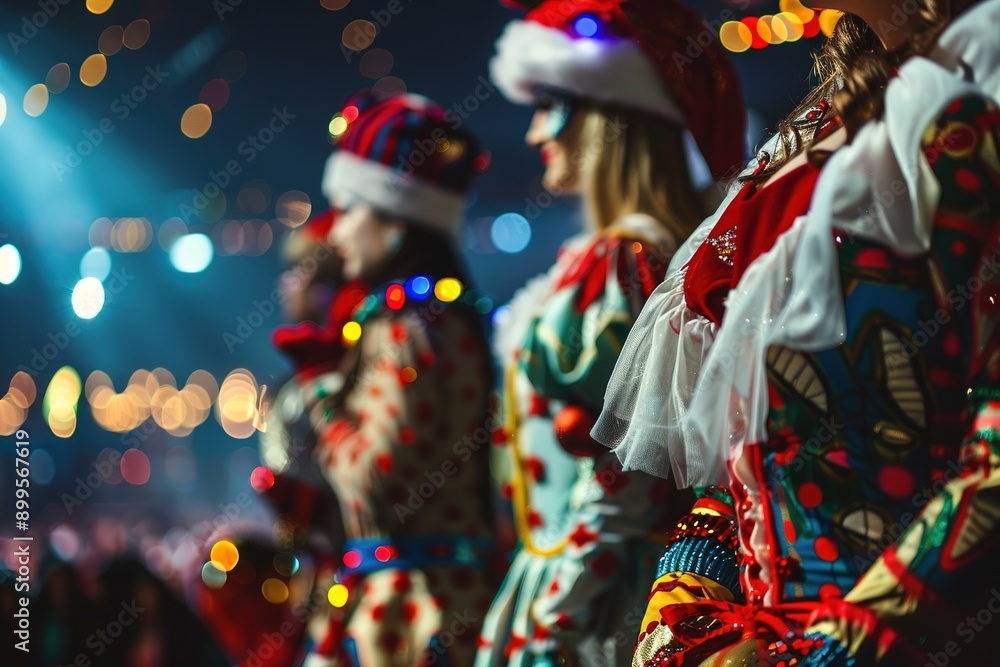 Fototapeta premium Colorful circus performers in festive attire with lights