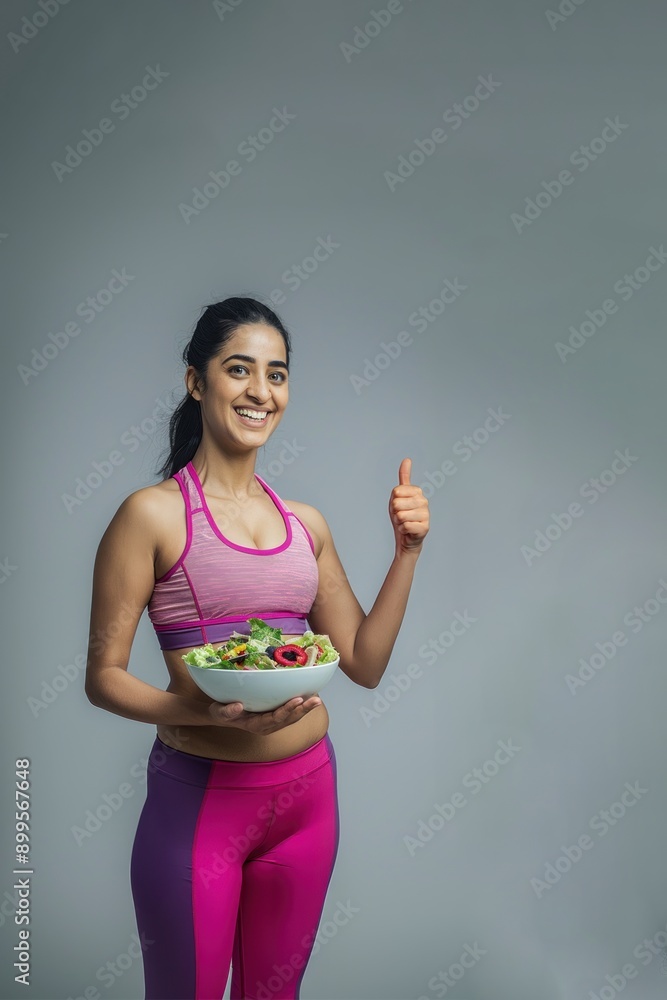 An Indian woman eating a salad while standing against a gray background, enjoying a healthy meal, nutritious snack, weight loss An Indian woman eating a salad while standing against a gray background, enjoying a healthy meal, nutritious snack, weight loss