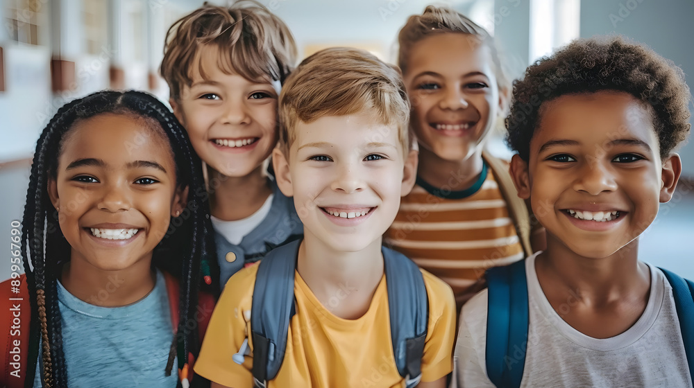 A diverse group of smiling school children wearing backpacks, standing in a school hallway. Perfect for educational themes, back-to-school promotions, and inclusivity-focused projects. A diverse group of smiling school children wearing backpacks, standing in a school hallway. Perfect for educational themes, back-to-school promotions, and inclusivity-focused projects.