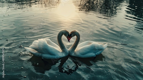 two swans making a heart shape in the water