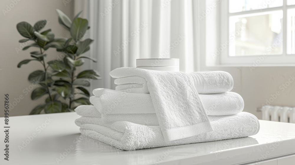 Naklejka premium Bright and clean bathroom interior with neatly stacked white towels and a plant, promoting a sense of cleanliness and relaxation.