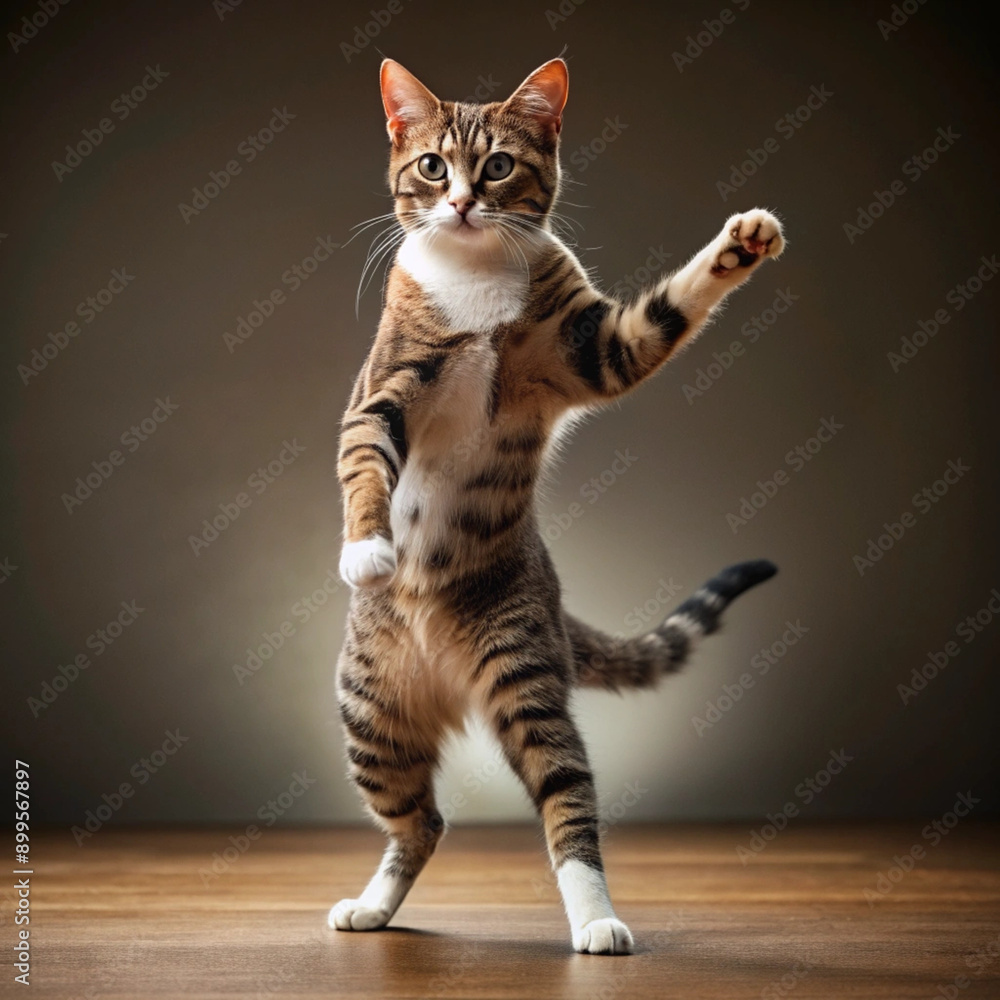 A Playful Tabby Cat Performing a Martial Arts Pose in a Studio at Dusk A Playful Tabby Cat Performing a Martial Arts Pose in a Studio at Dusk